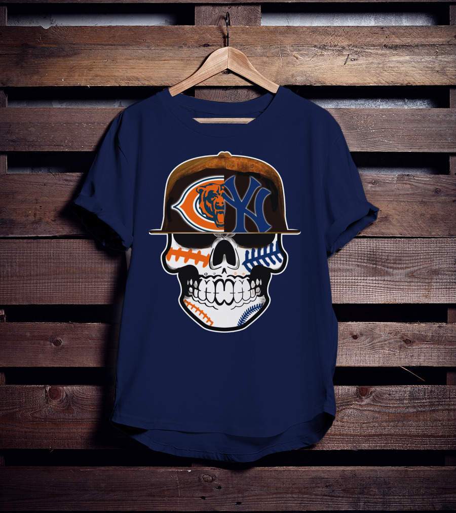 Chicago Bears Yankees Skull Football Baseball Fusion T-Shirt