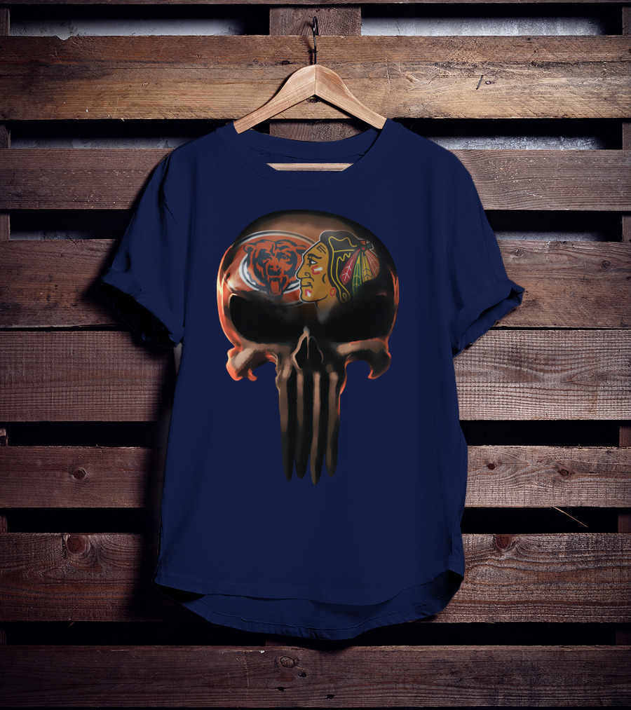 Chicago Bears 56 Skull Design With Nhl Blackhawks T-Shirt