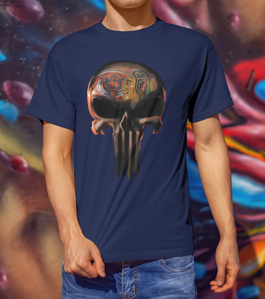 Chicago Bears 56 Skull Design With Nhl Blackhawks T-Shirt