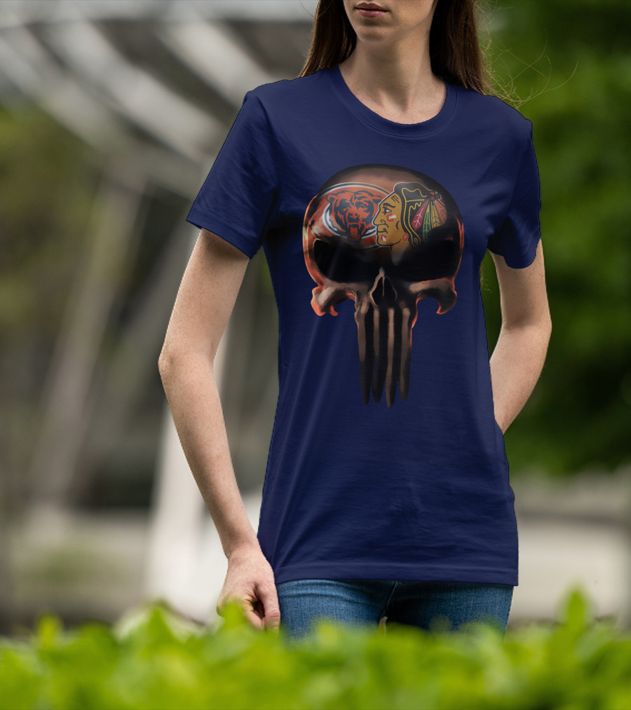Chicago Bears 56 Skull Design With Nhl Blackhawks T-Shirt
