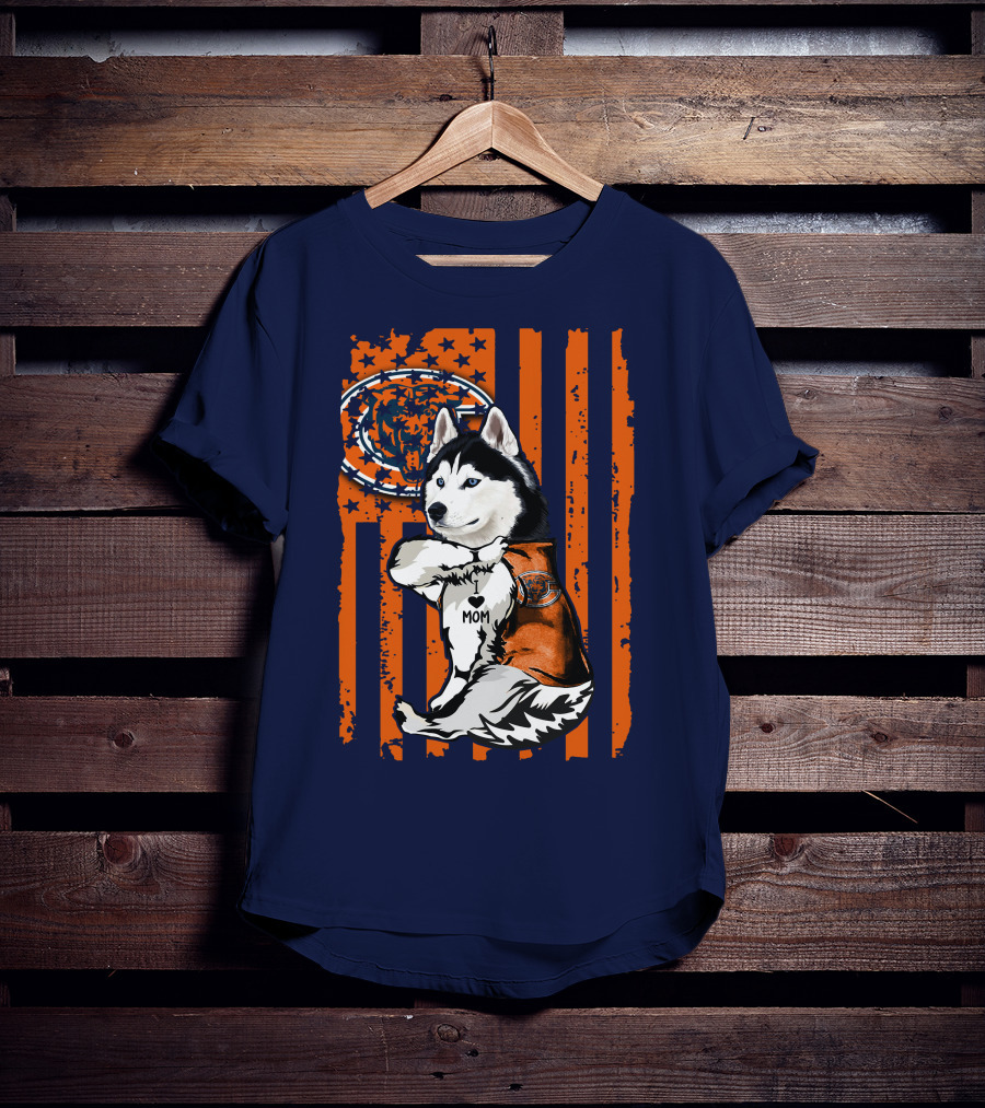 Siberian Husky Chicago Bears I Love Mom Flag T-Shirt