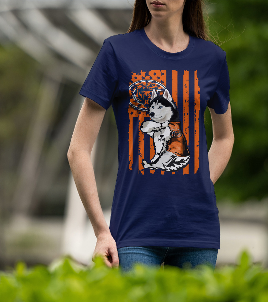 Siberian Husky Chicago Bears I Love Mom Flag T-Shirt
