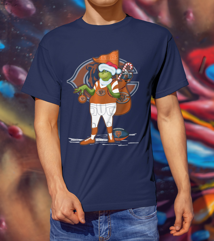Grinchxmas Chicago Bears Holiday Football Fest With Bear In Santa Hat Holding Candy Cane And Ornament T-Shirt
