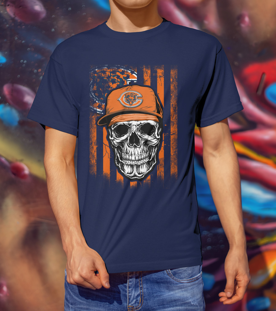 Skull V1 Chicago Bears Fan Skull Wearing Team Cap With Logo And Flag T-Shirt