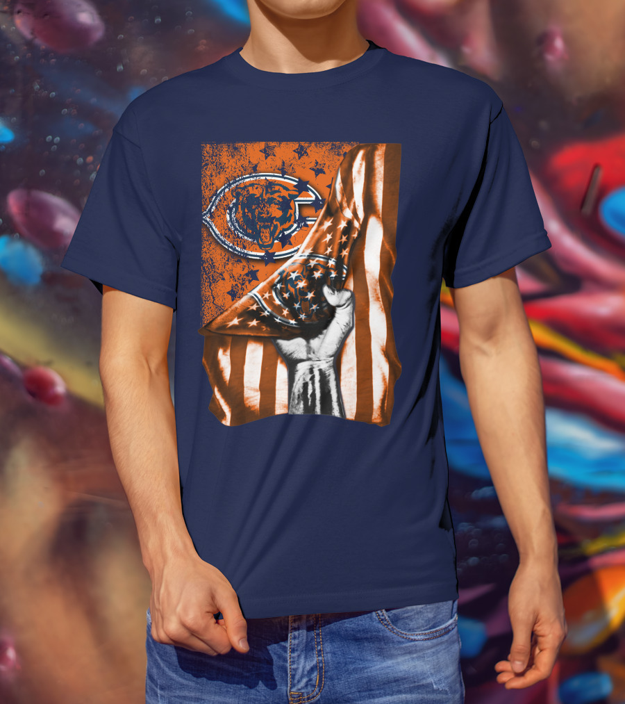 Hand Lifting American Flag Over CHICAGO BEARS T-Shirt