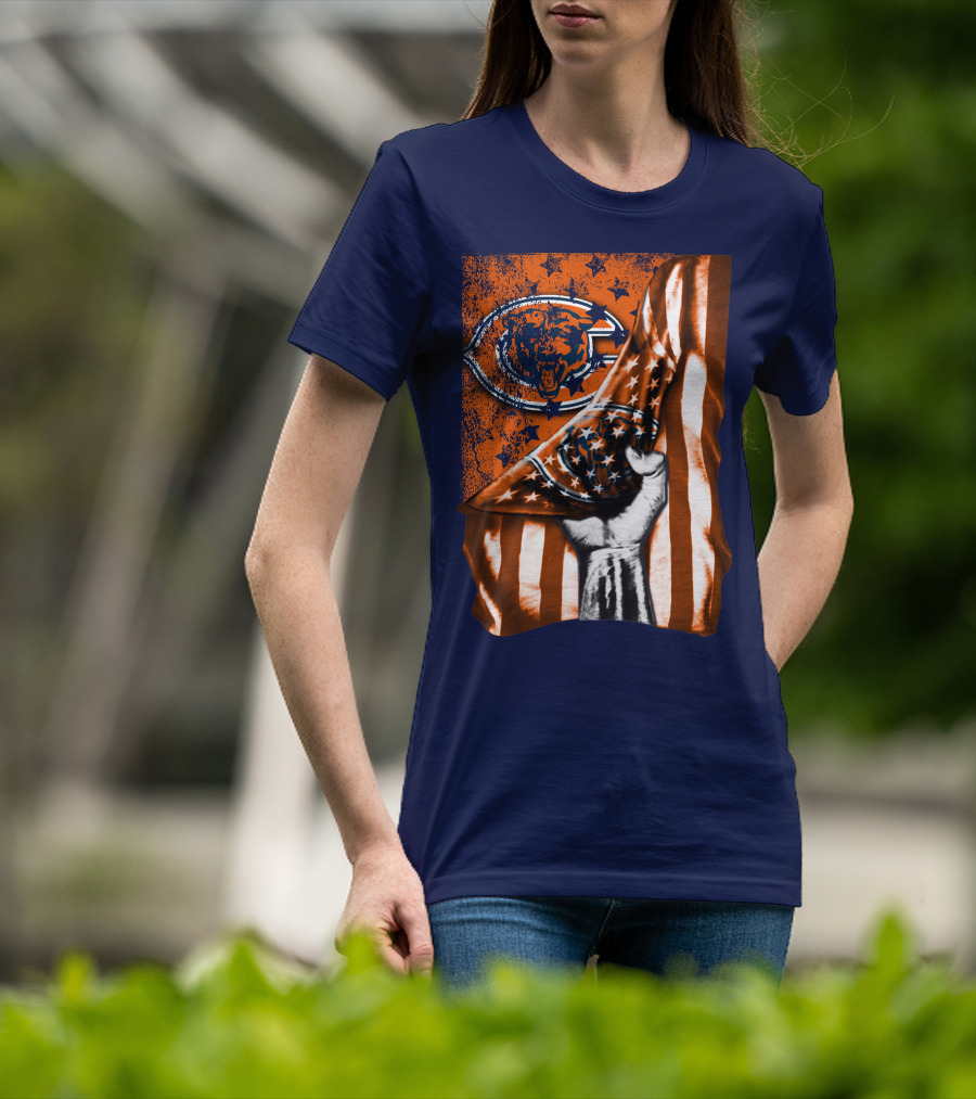 Hand Lifting American Flag Over CHICAGO BEARS T-Shirt