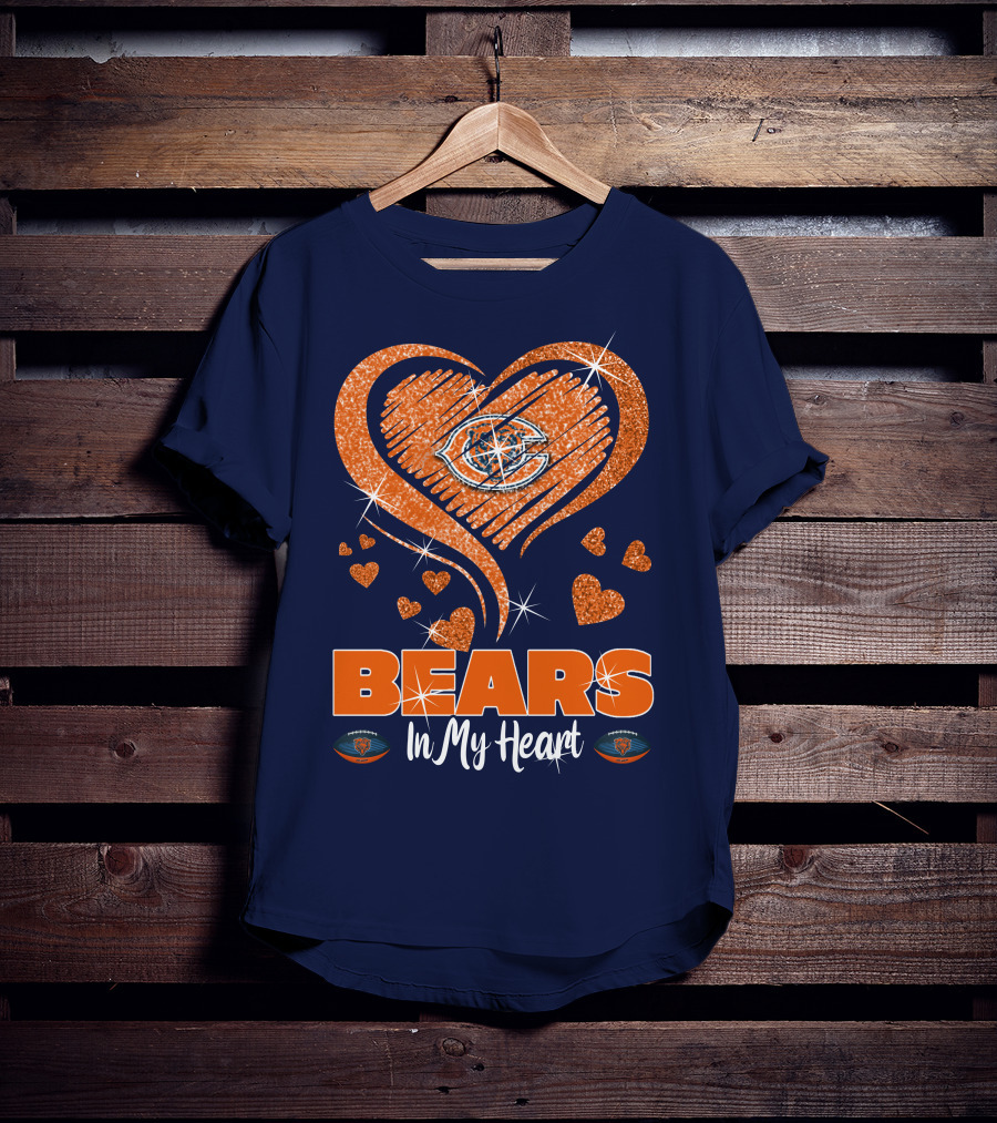 Bears In My Heart Chicago Bears Sparkling Hearts Navy Blue T-Shirt