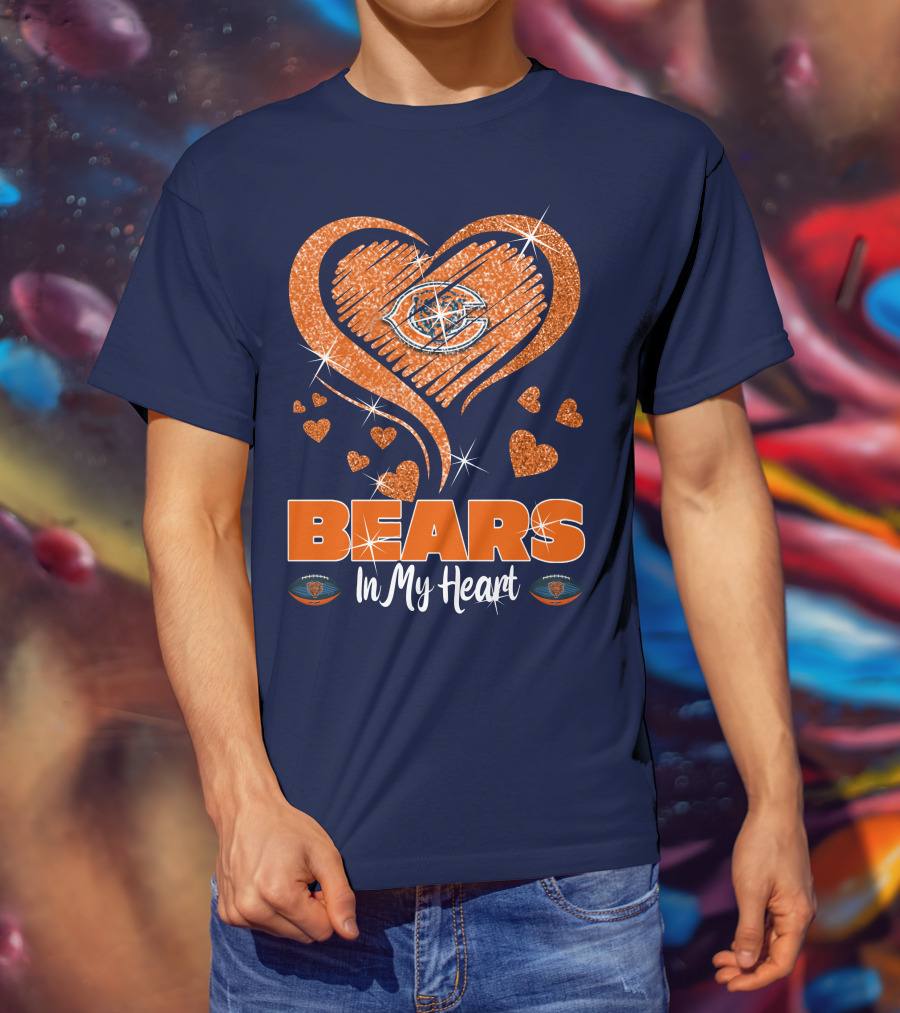 Bears In My Heart Chicago Bears Sparkling Hearts Navy Blue T-Shirt
