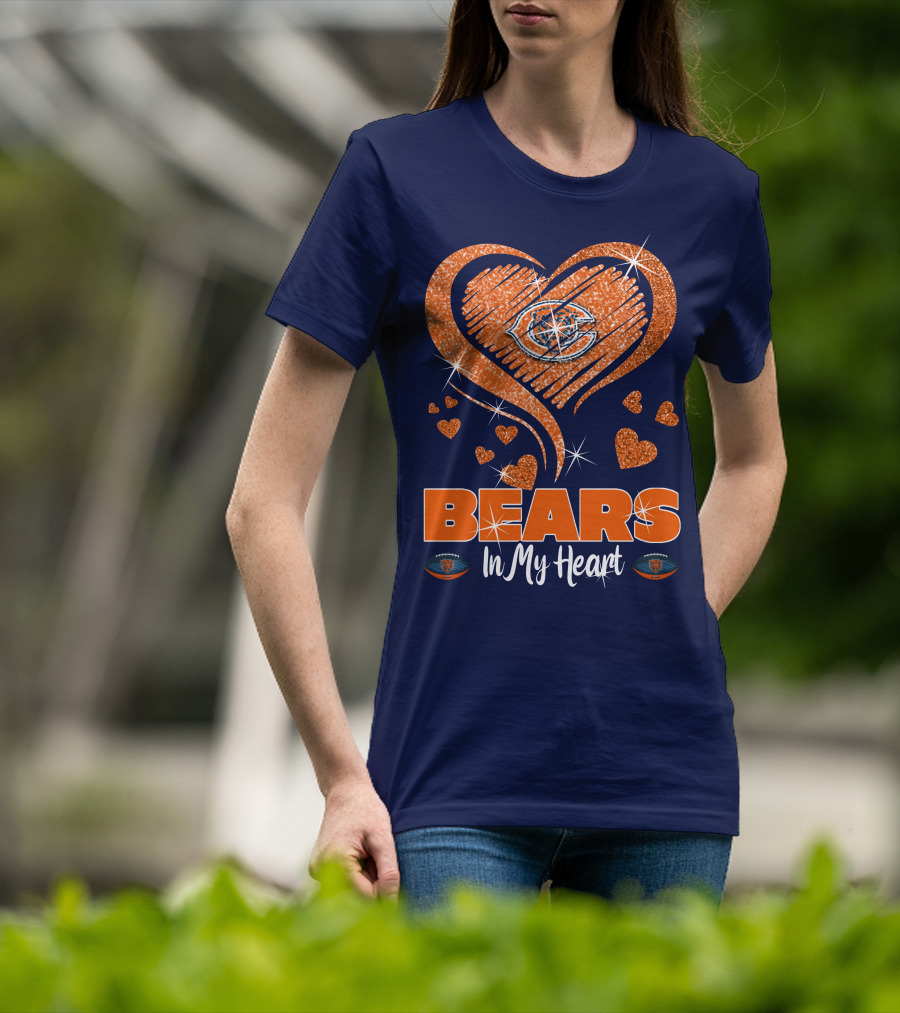 Bears In My Heart Chicago Bears Sparkling Hearts Navy Blue T-Shirt