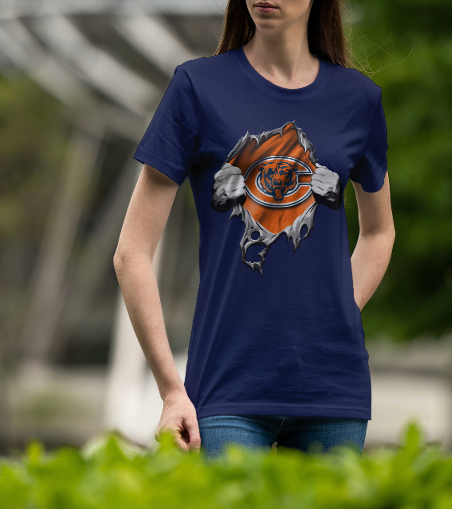 Torn Chicago Bears Emblem Revealed Through Ripped Fabric T-Shirt