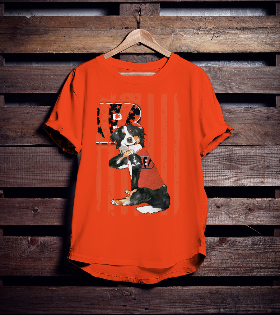 Border Collie I Love Mom Cincinnati Bengals B Retro American Flag T-Shirt