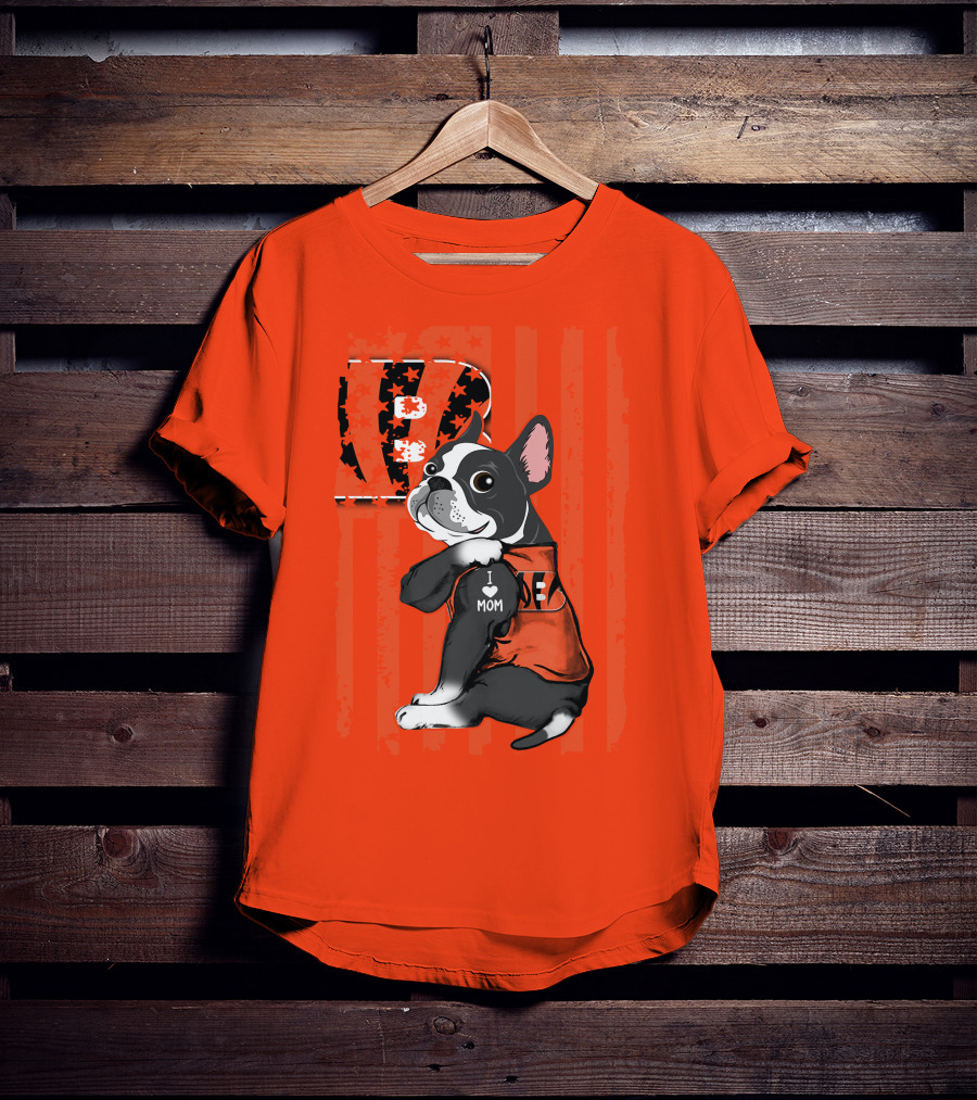Boston Terrier Cincinnati Bengals B Stripes I Love Mom Football Fan Dog T-Shirt