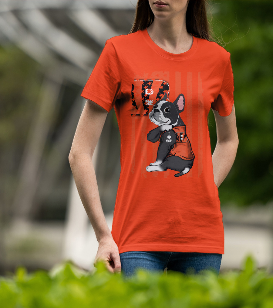 Boston Terrier Cincinnati Bengals B Stripes I Love Mom Football Fan Dog T-Shirt