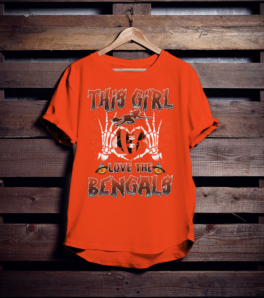 This Girl Love The Bengals Halloween Skeleton Hands And Pumpkins T-Shirt