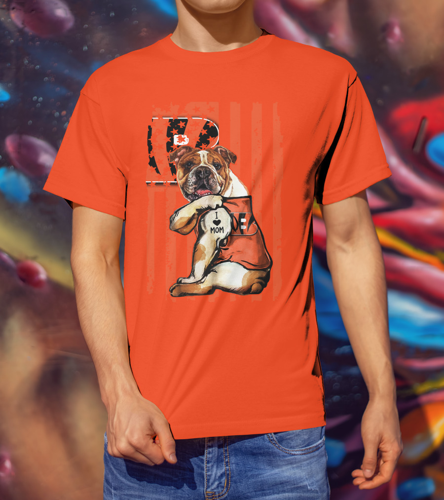 Bulldog Cincinnati Bengals I Love Mom Orange Stripes T-Shirt