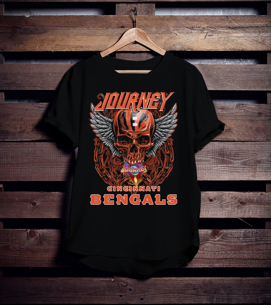 JOURNEY CINCINNATI BENGALS Skull Helmet Wings Chains Flame T-Shirt