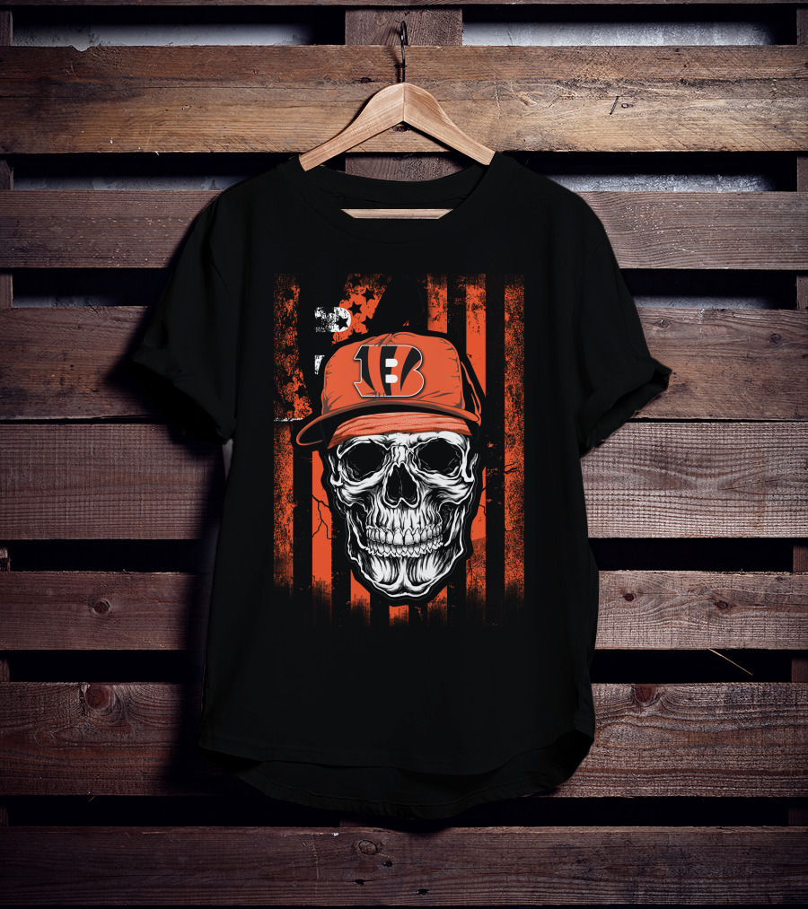 Skull Cincinnati Bengals Logo Hat With Stripes Background T-Shirt