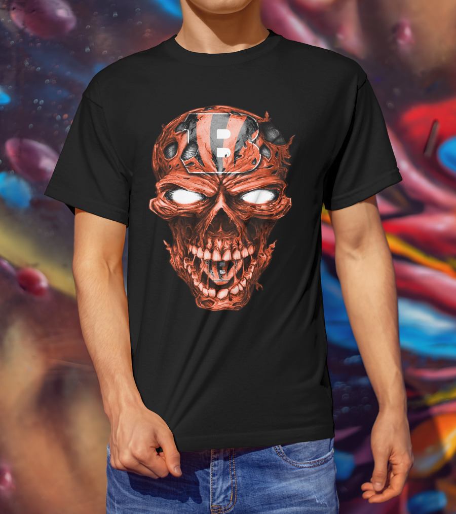 Cincinnati Bengals Skull Emblem With Team Helmet T-Shirt
