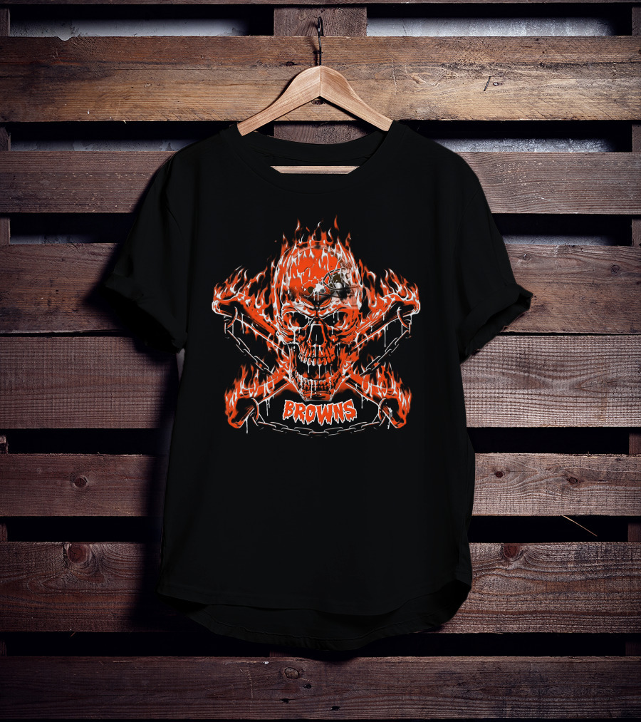 Cleveland Browns Flaming Skull And Crossbones T-Shirt