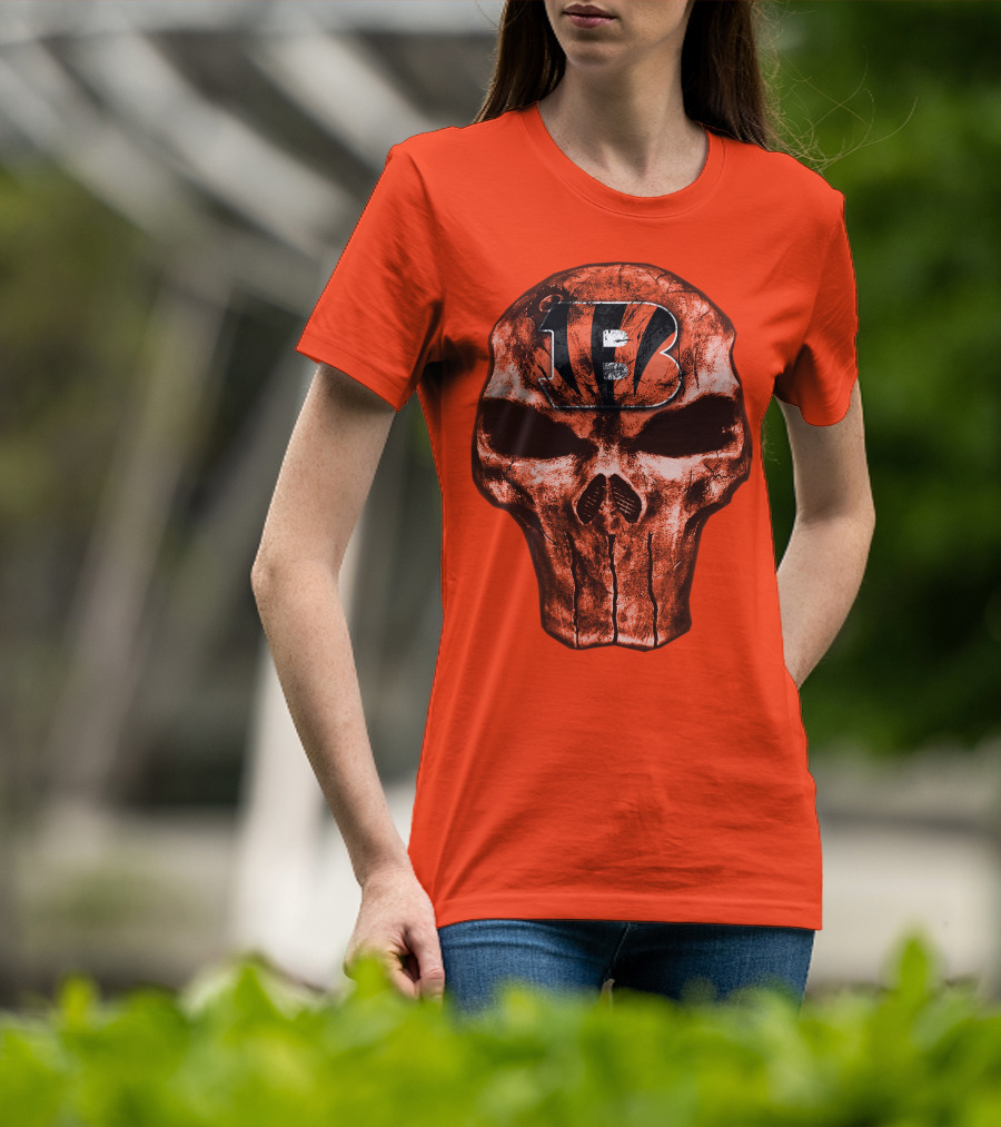 Skull Cincinnati Bengals Logo On Bold Orange T-Shirt