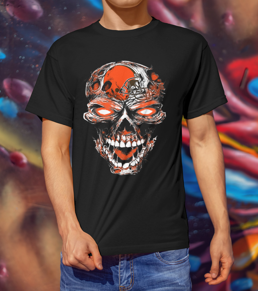Cleveland Browns Skull Design 43 Orange Helmet Football Fan T-Shirt