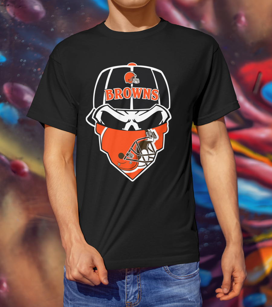 Browns Helmet Skull Mask With Football Theme T-Shirt
