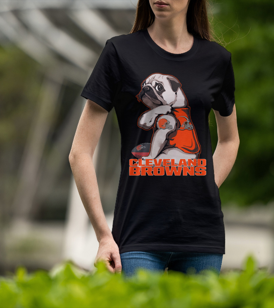 Cleveland Browns Pug In Orange Jersey With Football And Helmet T-Shirt