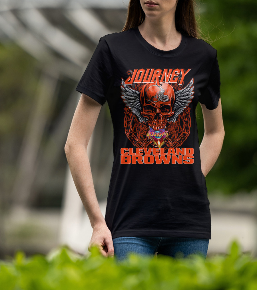 JOURNEY Winged Flaming Skull CLEVELAND BROWNS Football Helmet T-Shirt