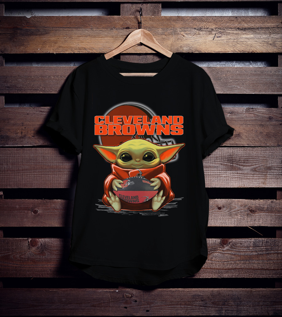 Yoda Cleveland Browns Football Holding Baby Yoda Fan T-Shirt
