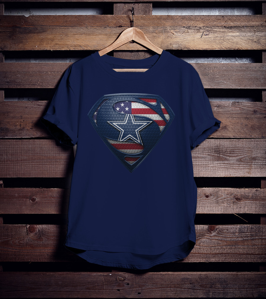 Spm DALLAS COWBOYS Superman Shield American Flag Star T-Shirt