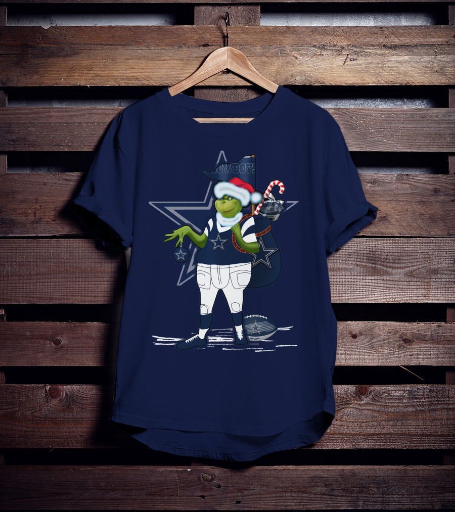 Grinchxmas Dallas Cowboys Holiday Cheer With Starry Football Twist T-Shirt