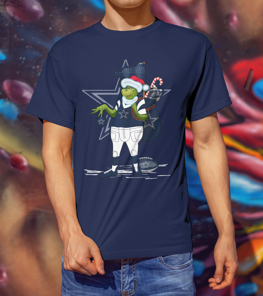 Grinchxmas Dallas Cowboys Holiday Cheer With Starry Football Twist T-Shirt