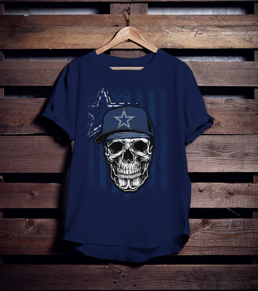 Skull Dallas Cowboys Star Cap With Stripes Background T-Shirt