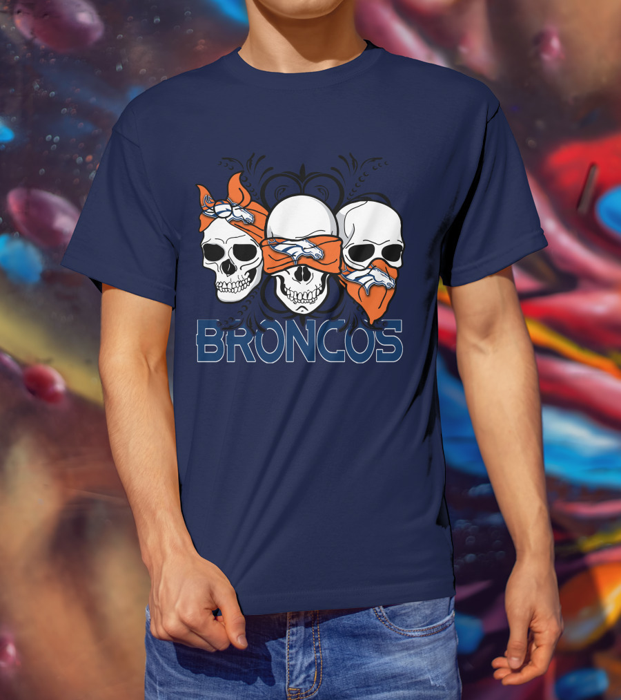 Broncos 3 Skull Bandana Denver Fans T-Shirt