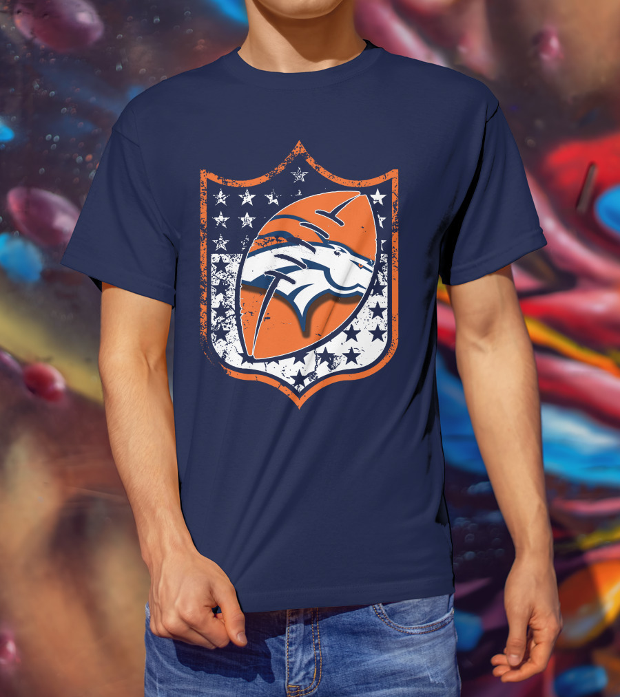 Denver Broncos Vintage Logo With Stars And Orange Shield T-Shirt