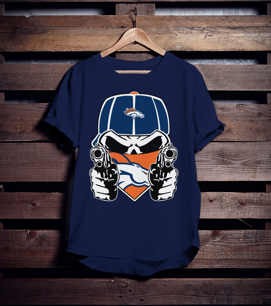 Denver Broncos Skull Bandana Dual Guns T-Shirt