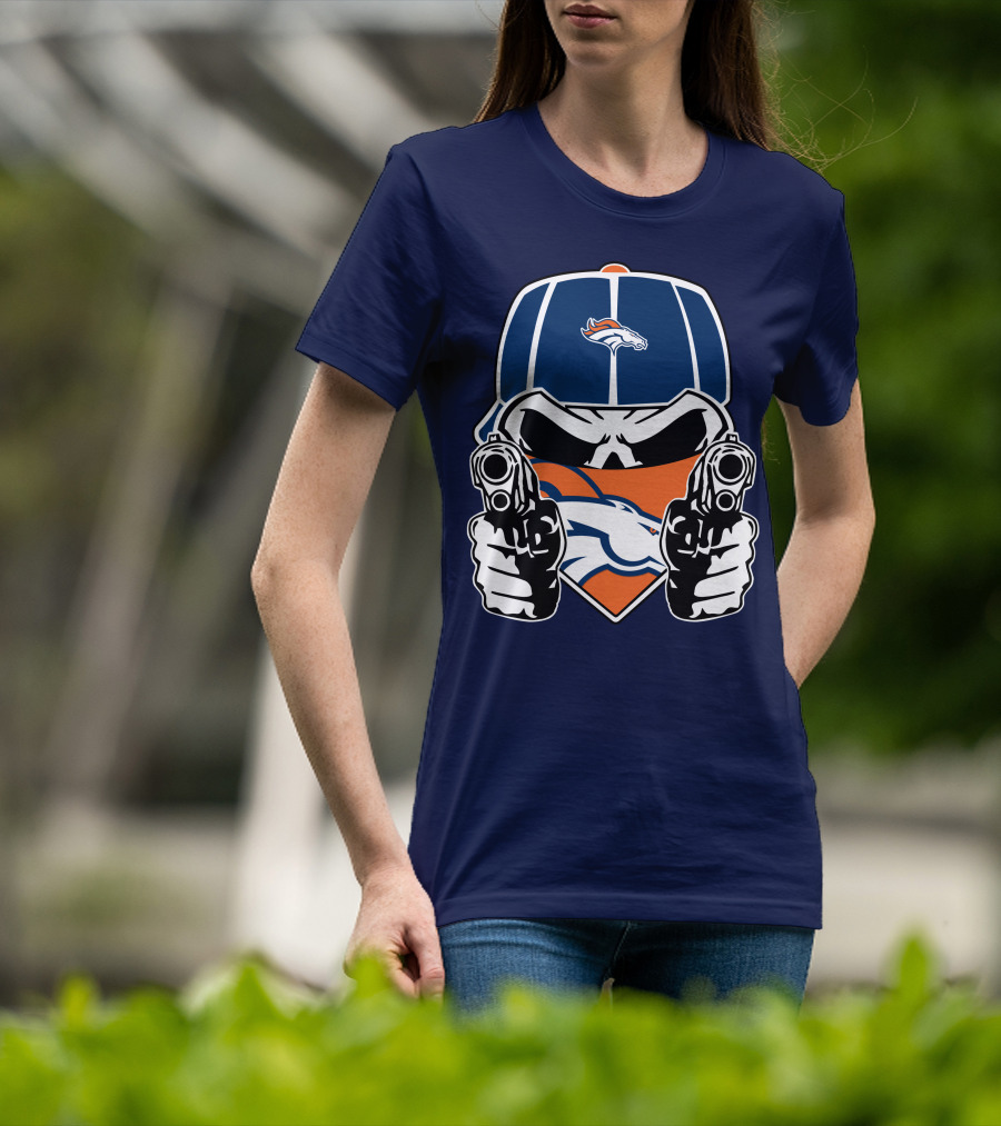 Denver Broncos Skull Bandana Dual Guns T-Shirt