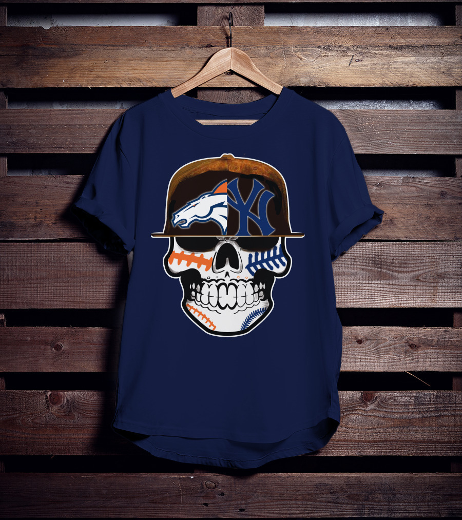 Denver Broncos New York Yankees Skull Sports Fusion T-Shirt