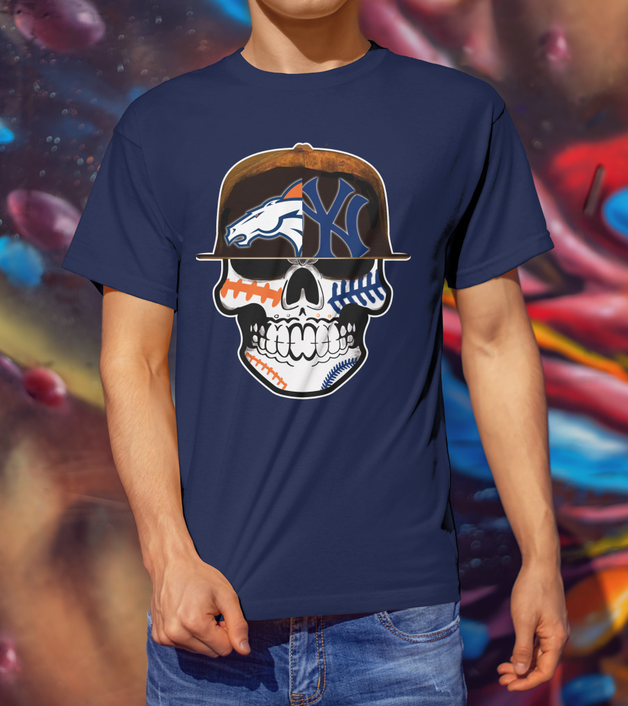Denver Broncos New York Yankees Skull Sports Fusion T-Shirt