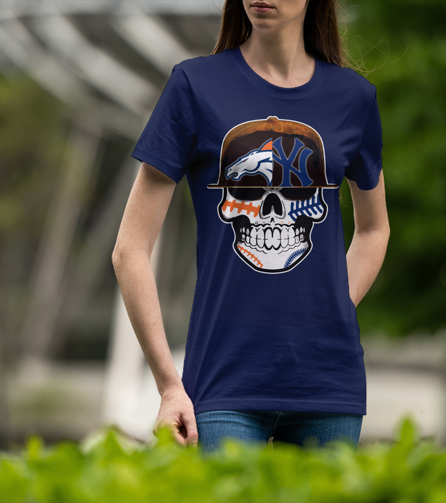 Denver Broncos New York Yankees Skull Sports Fusion T-Shirt