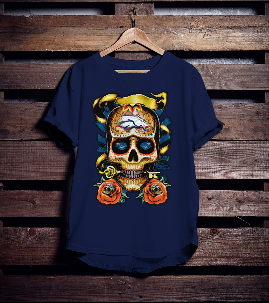 Denver Broncos 42 Sugar Skull Roses Key Ribbon T-Shirt