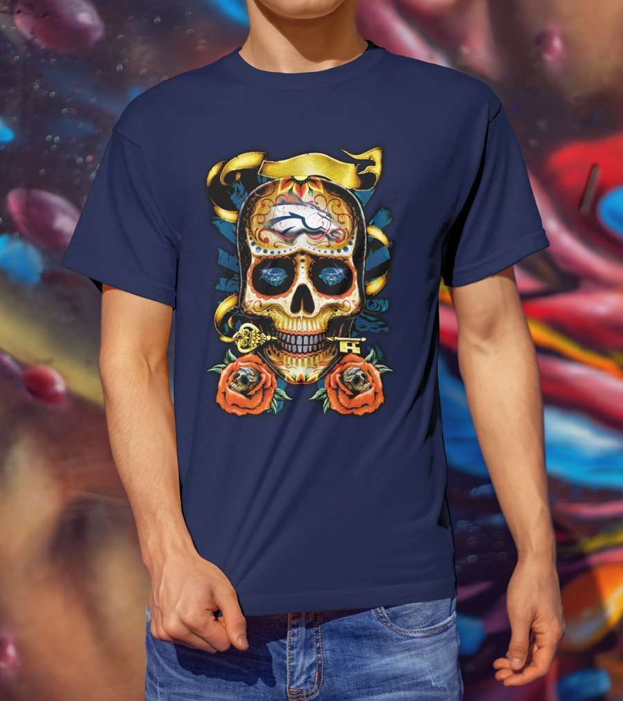 Denver Broncos 42 Sugar Skull Roses Key Ribbon T-Shirt