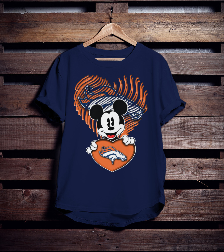 Mickey Mouse Holding Denver Broncos Logo Heart With Bronco Horse Outline T-Shirt