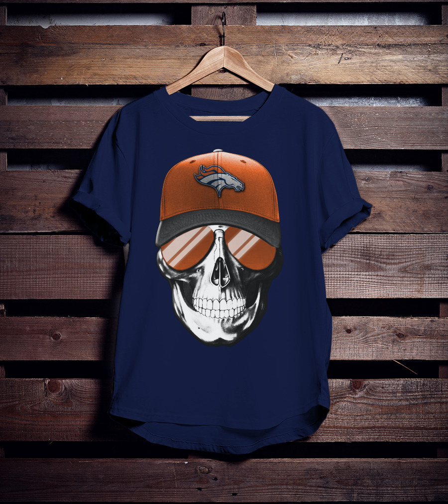 Skull V7 Denver Broncos Cap And Sunglasses T-Shirt