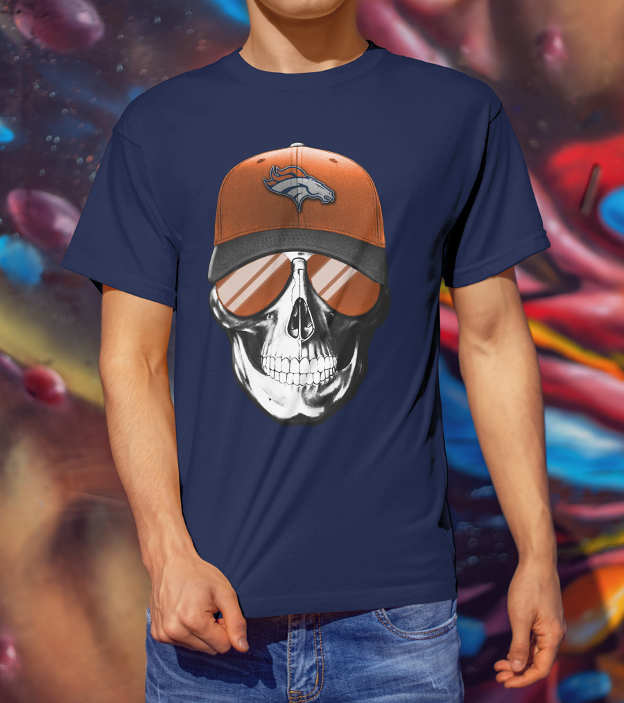 Skull V7 Denver Broncos Cap And Sunglasses T-Shirt
