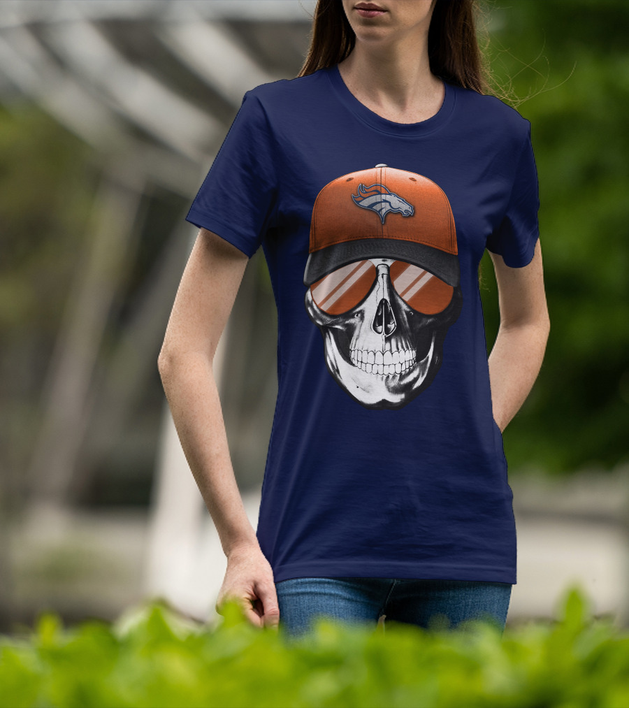 Skull V7 Denver Broncos Cap And Sunglasses T-Shirt