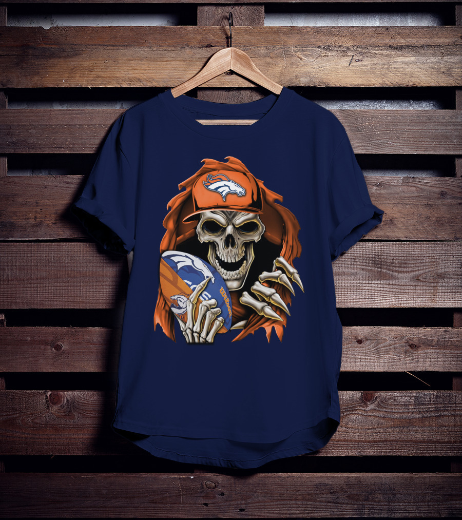 Skullbong Denver Broncos Skeleton Holding Football With Team Logo Helmet And Cap T-Shirt