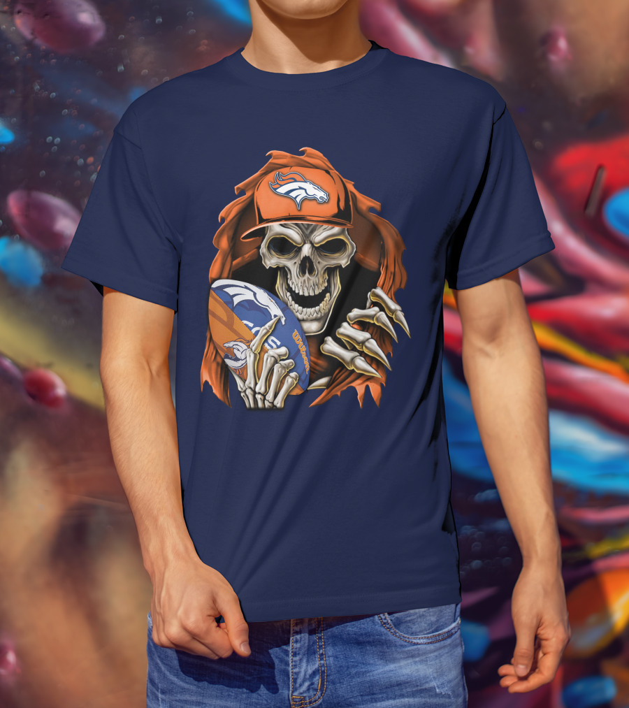 Skullbong Denver Broncos Skeleton Holding Football With Team Logo Helmet And Cap T-Shirt