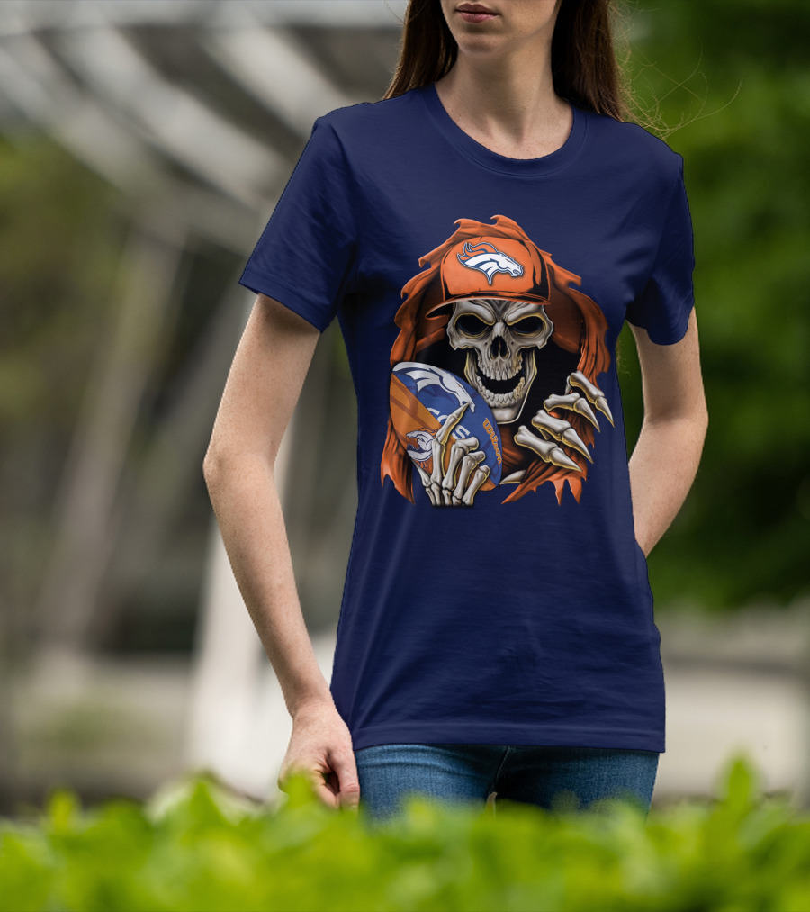 Skullbong Denver Broncos Skeleton Holding Football With Team Logo Helmet And Cap T-Shirt