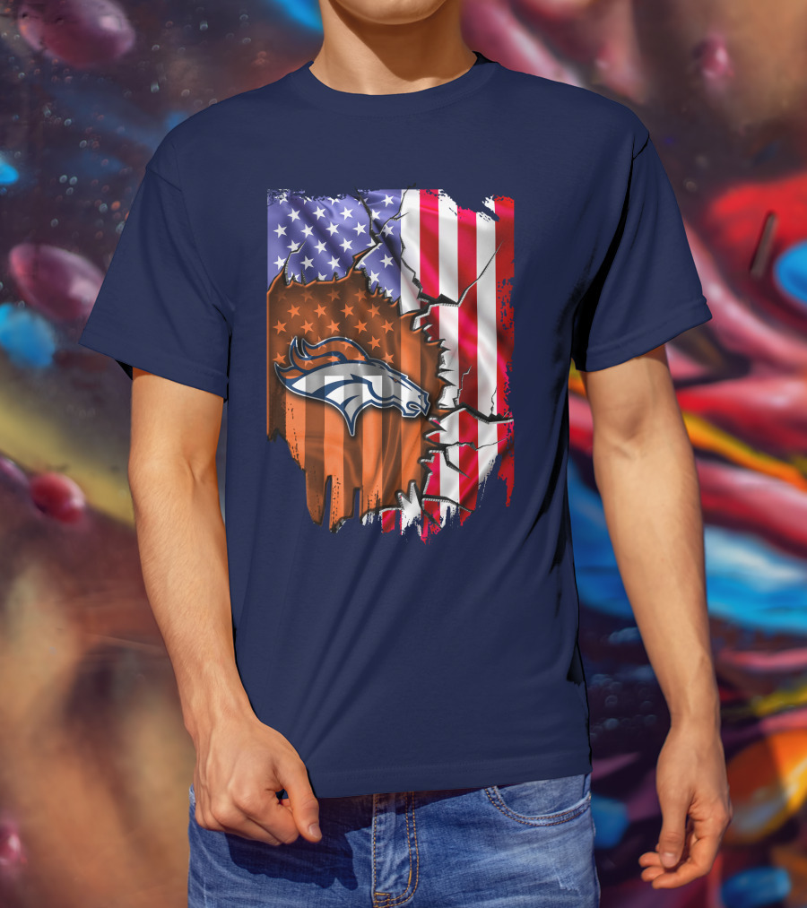 Flag V2 Denver Broncos American Flag Rip Style T-Shirt